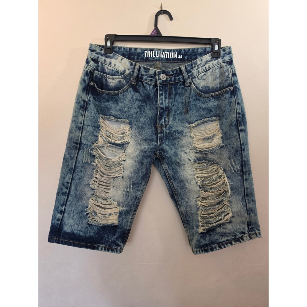 Trillnation Mens 34 Distressed Acid Wash Denim Shorts Ripped Streetwear Blue